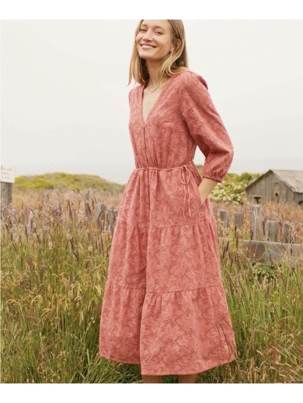 Marine Layer Eyelet Willow Midi Dress Mineral Red Size Small Cotton Tiered